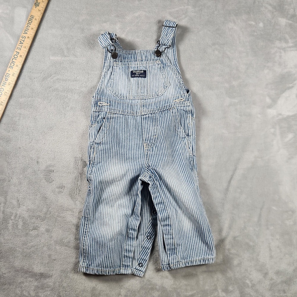 OshKosh B'gosh Railroad Stripe Conductor Bib Overalls Blue White Size 12M